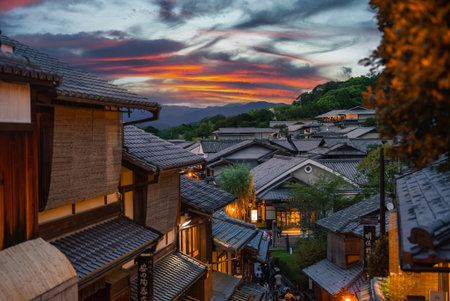 Twilight Kyoto lanes in Ninenzaka and Sannenzaka near Kiyomizu deraの写真素材