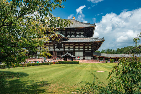 Todai ji Daibutsuden rises behind lawn in Nara Park, Japanの写真素材