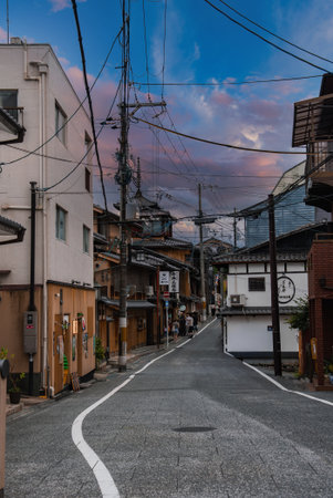 Kyoto machiya street at dusk with norenの写真素材