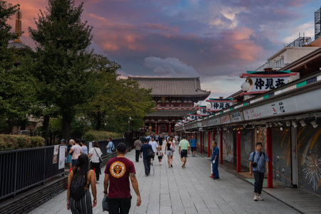 Nakamise Street with Kaminarimon and Hozomon gates in Asakusaの写真素材