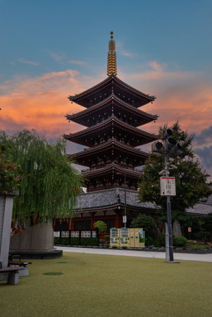 Five story pagoda at Senso ji Temple in Asakusa Tokyo at duskの写真素材