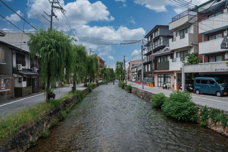 Kyoto canal with willow trees and machiya beside low modern homesの写真素材
