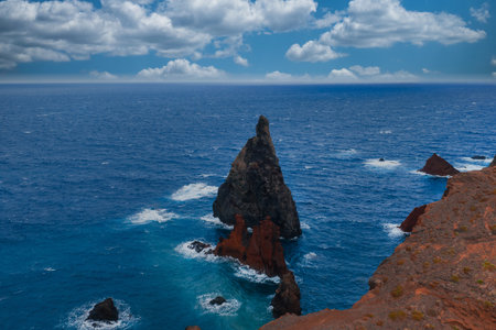 Sea stack and rust cliffs at Ponta de Sao Lourenco, Madeiraの写真素材