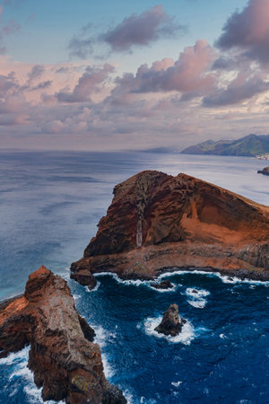Aerial of Ponta de Sao Lourenco headland and sea cliffs, Madeira