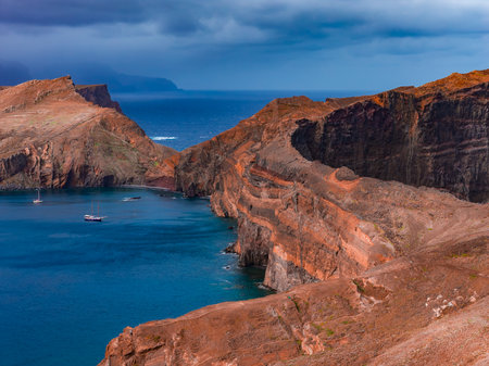 Rust colored cliffs and bay at Ponta de Sao Lourenco, Madeiraの写真素材