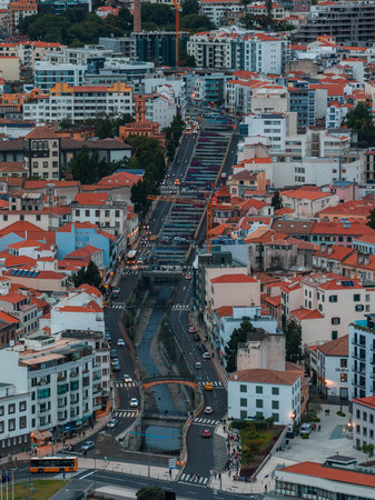 Telephoto view down stepped boulevard toward hills of Funchalの写真素材