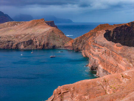 Aerial view of Ponta de Sao Lourenco cliffs and blue bay, Madeiraの写真素材