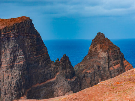 Jagged volcanic cliffs at Ponta de Sao Lourenco, Madeira, Portugalの写真素材