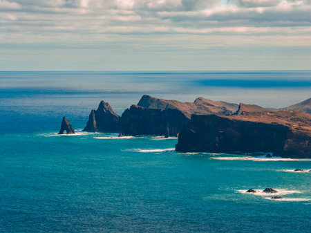 Ponta de Sao Lourenco headland on Madeira with sea stacks and surf
