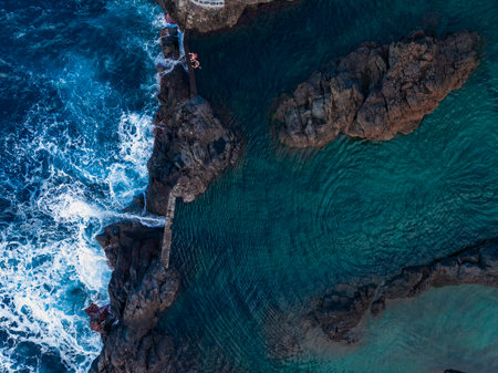 Aerial view of Porto Moniz natural pools on Madeira Island, Portugalの写真素材