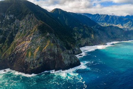Aerial cliffs and surf along Madeira Island north coast, Portugalの写真素材
