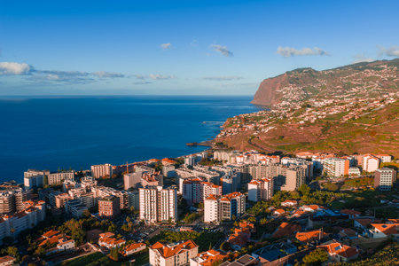 Aerial view of Funchal apartments, terraced hills, and Atlantic headlandの写真素材
