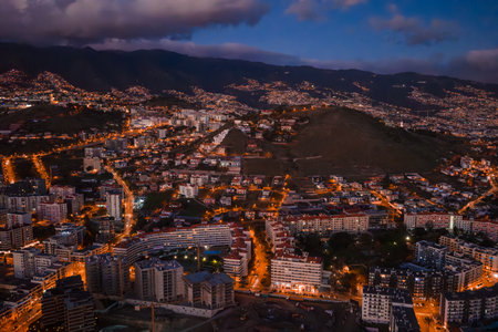 Evening aerial of Funchal, Madeira with terraced hills and lightsの写真素材