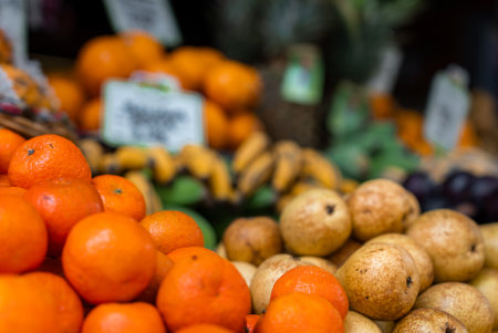 Tangerines and pears at Mercado dos Lavradores, Funchal, Madeiraの写真素材