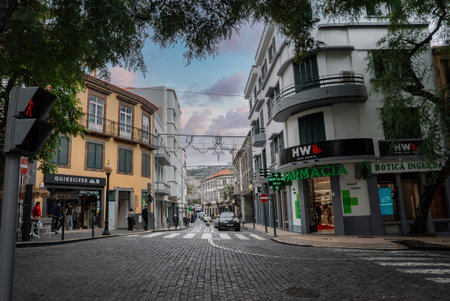 Funchal street with Art Deco balconies, Farmacia signの写真素材