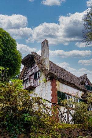 Thatched cottage and chimney in Funchal, Portugal, low angle viewの写真素材
