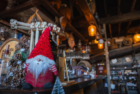 Funchal Madeira rustic bar with Christmas decor and hanging hamsの写真素材