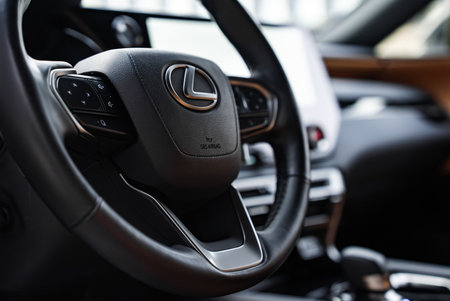 Lexus RX 450h Plus steering wheel close up with emblem and controls