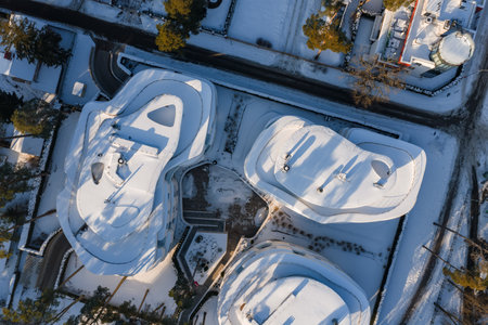 Aerial winter view of modern curvilinear apartments in Jurmalaの写真素材