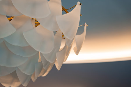 Sculptural chandelier with frosted glass petals and brass pins indoorsの写真素材