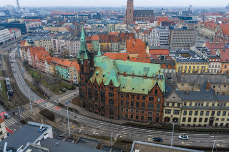 Aerial view of central Wroclaw with St. Mary Magdalene tower