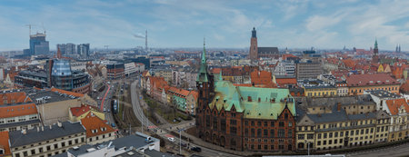 Aerial panorama of central Wroclaw with St. Elizabeths Church