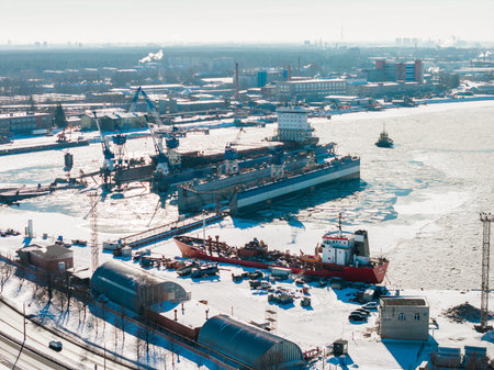 Aerial winter view of Riga Shipyard on the River Daugava, Latvia