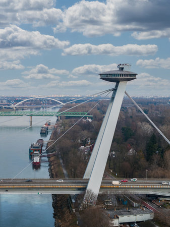 Aerial Bratislava skyline with UFO Observation Tower and SNP Bridgeの写真素材
