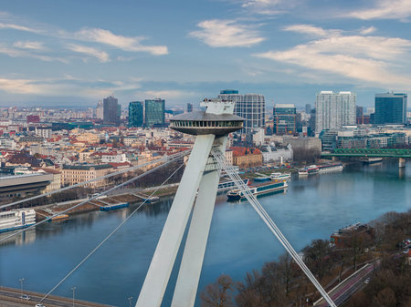 Aerial Bratislava cityscape with SNP Bridge and UFO observation deckの写真素材