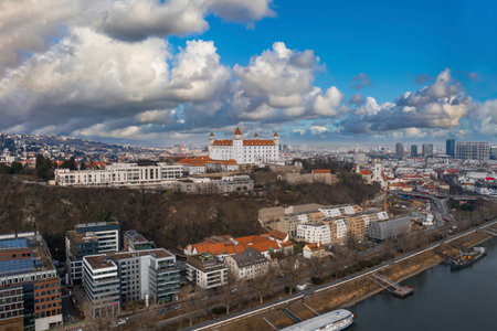 Aerial Bratislava with Bratislava Castle above the Danube Riverの写真素材