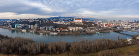 Aerial panorama of Bratislava with Bratislava Castle and SNP Bridgeの写真素材