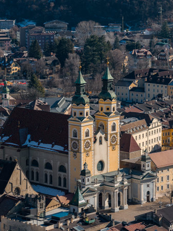 Aerial view of Brixen Cathedral towers and rooftops in South Tyrol