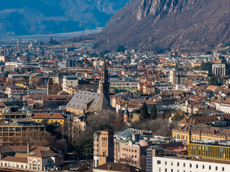Aerial winter view of Bolzano historic center and Cathedral spireの写真素材