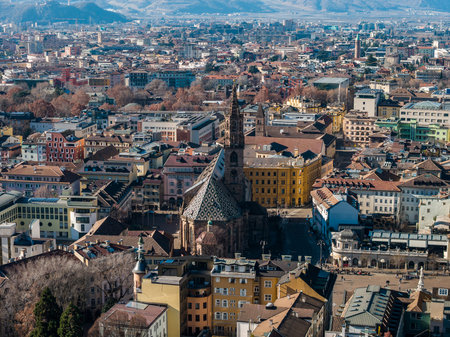 Aerial view of Bolzano Cathedral and historic center, Bolzano, Italyの写真素材