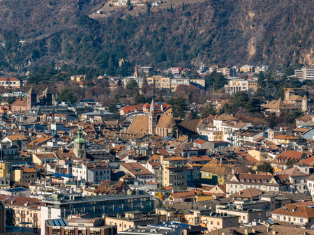 Historic center of Bolzano, Italy with cathedral spire and towersの写真素材