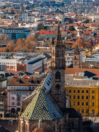 Aerial view of Bolzano, Italy, with the Gothic Bolzano Cathedralの写真素材