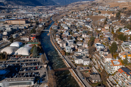 Aerial view of Brixen Bressanone Italy with Eisack River and vineyardsの写真素材