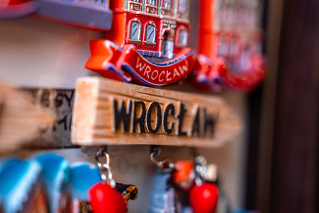Souvenir magnets of Wroclaw with townhouses and red heart charms