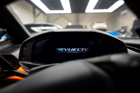 Lamborghini Revuelto cockpit in workshop, instrument cluster startup
