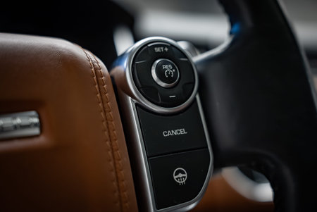 Range Rover steering wheel controls with tan leather and metal trim