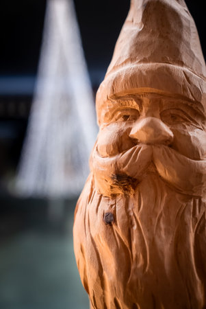 Hand carved wooden Santa with lodge lights at San Domenico, Italy