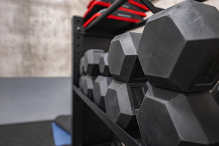 Rows of hex dumbbells and red plates on gym rack in fitness room