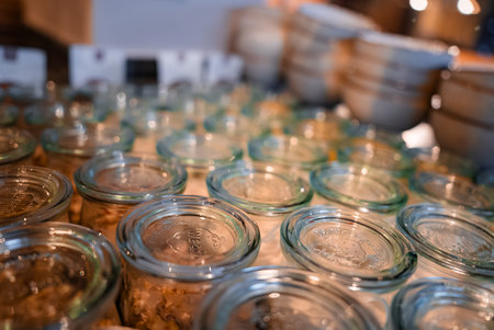 Glass jars with clamped lids on counter at luxury hotel in Oberlech