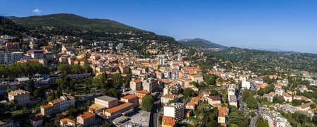 Aerial panoramic view of Grasse, France over terracotta roofs