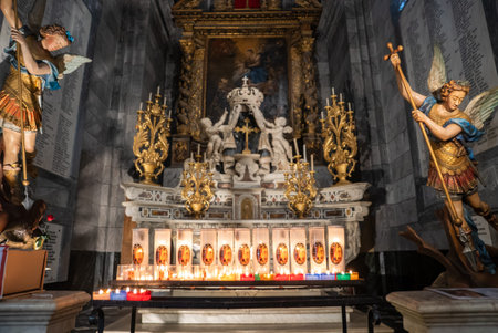 Baroque altar with marble tabernacle and archangels, Menton, France