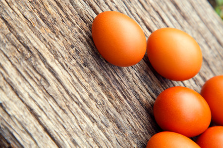 Natural chicken eggs on different backgrounds. Chicken eggs on a hemp, table, straw. The concept of food, diet, cooking.の写真素材