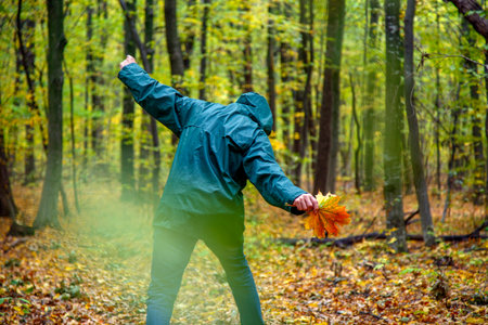 Bearded man with yellow maple leaf in autumn in the forest. Portrait of a man in the autumn forest....