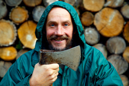 Portrait of a real bearded man with an axe. Bearded lumberjack with an ax in his hand. A man with an ax against the background of stacked firewood. The concept of strength, courageの写真素材