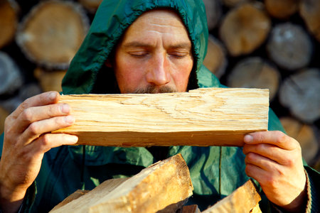 Portrait of a man with a bunch of chopped firewood. Bearded lumberjack with firewood for the fireplace. The concept of survival, recreation, country pastime.の写真素材
