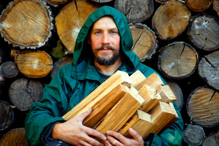 Portrait of a man with a bunch of chopped firewood. Bearded lumberjack with firewood for the fireplace. The concept of survival, recreation, country pastime.の写真素材